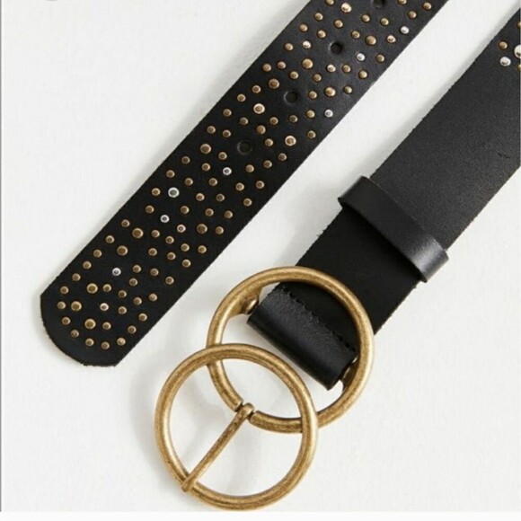 Urban outfitters Studded Double O-Ring Gold Silver Leather Black Belt - size S - Picture 4 of 12